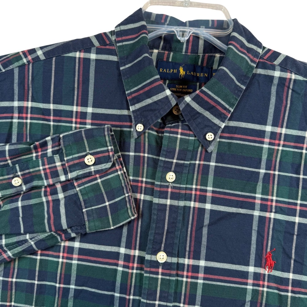 Ralph Lauren Button Down Men XL Navy Green Plaid Slim Fit Stretch Oxford Shirt